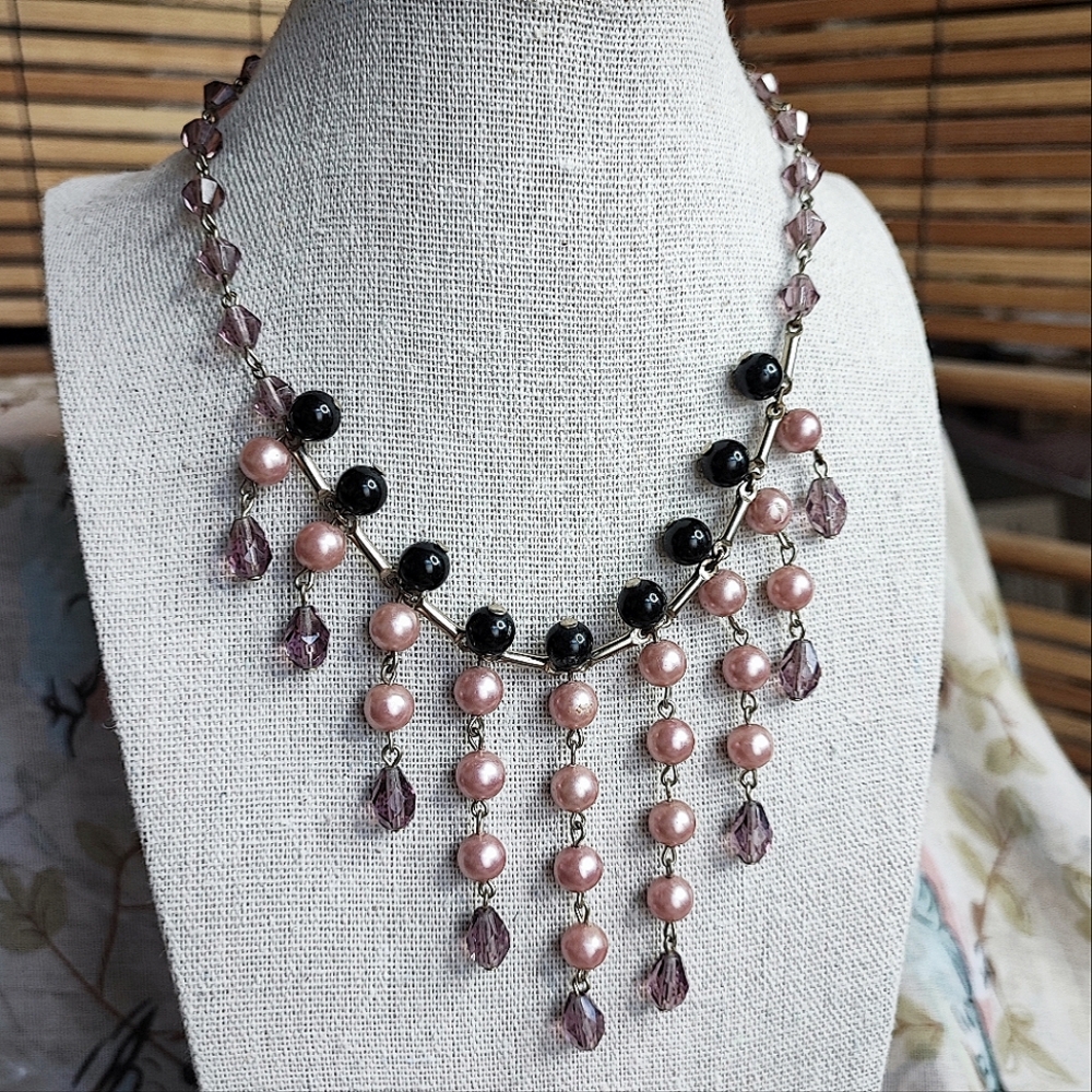 Cascading Gold Tone Lilac Teardrop Glass Beaded Necklace Faux Pink Pearls J Hook